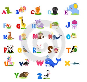 Cute English illustrated zoo alphabet with cute cartoon animal. Icons