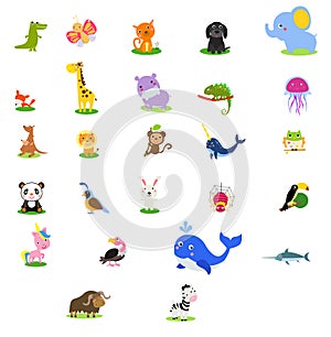 Cute English illustrated zoo alphabet with cute cartoon animal. Icons