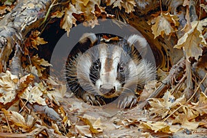 Cute European Badger Peek Out from Autumn Leaves Den in Natural Habitat, Wildlife Animal Hiding in Forest