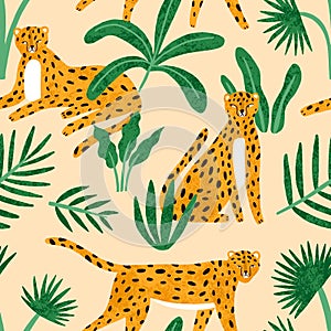Cute exotic hand drawn leopard with tropical plant seamless pattern. Funny wild cheetah sitting, lying, walking with