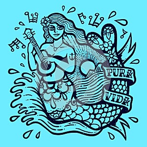 Cute exotic mermaid girl playing ukulele with sea and shining sun exotic tropical paradise monochrome vector illustration