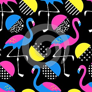 Cute exotic tropical seamless background with cartoon characters of neon flamingos in 80s style