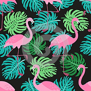 Cute exotic tropical seamless background with cartoon characters of pink flamingos