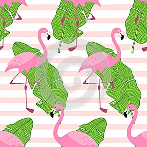 Cute exotic tropical seamless background with cartoon characters of pink flamingos