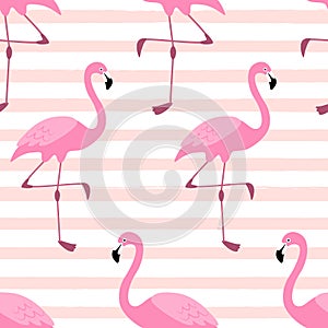 Cute exotic tropical seamless background with cartoon characters of pink flamingos