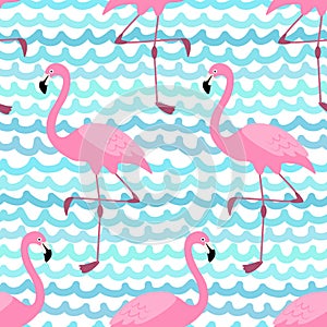 Cute exotic tropical seamless background with cartoon characters of pink flamingos