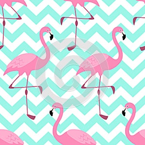 Cute exotic tropical seamless background with pink flamingos