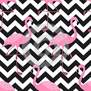 Cute exotic tropical seamless background with pink flamingos