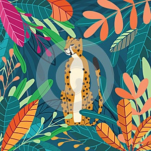 Cute exotic wild big cat cheetah sitting on dark tropical background with collection of exotic plants. Flat vector