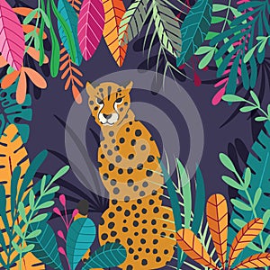 Cute exotic wild big cat cheetah sitting on dark tropical background with collection of exotic plants. Flat vector