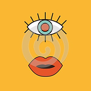 Cute eye with eyelashes. Red lips. Groovy retro icon in 60s, 70s hippie style. Funny cartoon eyes. Patches, pins, stamps, stickers