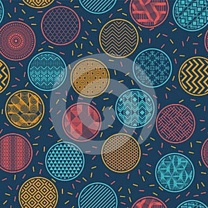 Cute fabric swatch vector endless ornament. Circular shapes with geometric abstractions