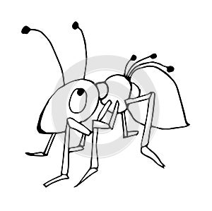 Cute fabulous ant with outlined for coloring book isolated on a white background. Vector illustration of hand drawn black and whit