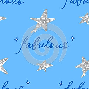 Cute fabulous seamless pattern with lettering elements and sparkling stars on blue background, editable vector illustration