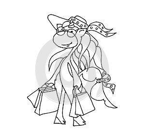 Cute fabulous unicorn with outlined for coloring book isolated on a white background. Unicorns in a hat with purchases in hands. W