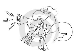Cute fabulous unicorn with outlined for coloring book isolated on a white background. Unicorns producer speaks to the loudspeaker.