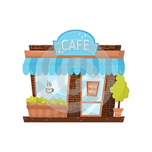 Cute facade of small cafe. City building with signboard, decorative plants, awning, big glass door and window in cartoon