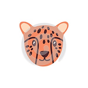 Cute face of baby leopard. Doodle leo head. Amusing portrait of funny wild feline animal with adorable eyes. Muzzle of