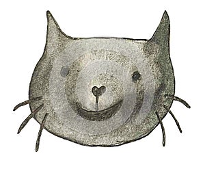 Cute face of a black Cat. Watercolor child drawing. Funny Cat character.