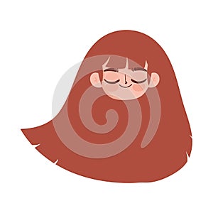 Cute face girl close eyes long hair cartoon isolated icon style