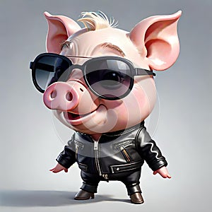 Cute face happy pig leather jacket sun glasses hipster