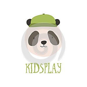 Cute face or head of panda bear wearing stylish cap. Amusing happy muzzle of wild animal isolated on white background