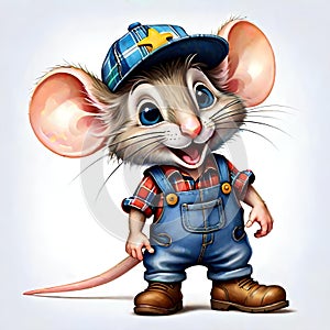 Cute face mouse rodent work clothes overalls happy smiling comedy