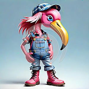 Cute face pink flamingo work clothes comedy comic drawing