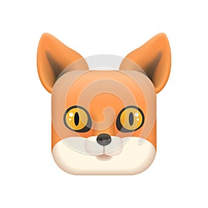 Cute face of red wild fox, animal head in button of square shape