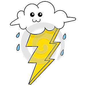 Cute faced cloudy clouds emit thunderstorms in the rainy season, doodle icon image kawaii