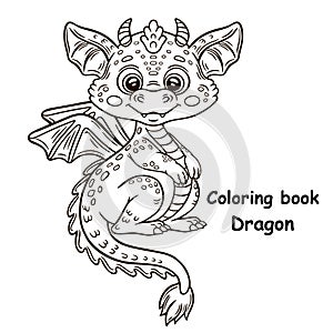 Cute fairy baby dragon reptile, magic fantasy flying fire lizard monster animal character line icon. Kid coloring book page vector