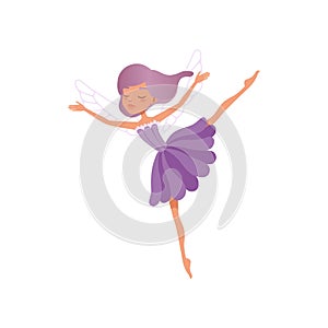 Cute fairy in beautiful purple dress. Little girl with magic wings in flying action. Imaginary fairytale character