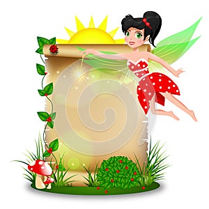 Cute fairy with blank paper in summer time