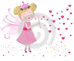 Cute fairy blows soap bubbles. Heart balloon bubbles. Valentine's Day greeting card vector