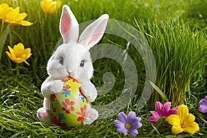 cute fairy bunny holding Easter egg on green grass