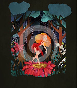 Cute fairy dancing on the flower in front of magic forest. Fairy tale vector illustration