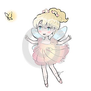 Cute fairy dancing girl, little ballerina. Vector illustration