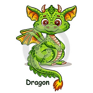 Cute fairy dragon reptile, dinosaur, fantasy magical flying fire lizard monster icon. Mythical animal cartoon character. Vector