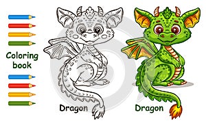 Cute fairy dragon reptile, fantasy magic flying fire lizard monster, dinosaur animal character. Child coloring book page. Vector
