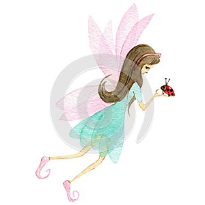 Cute Fairy girl in a blue dress with ladybug. Hand Drawn watercolor illustration