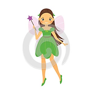 Cute fairy in green dress. Cartoon winged forest fairy princess flapping magic wand