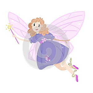 Cute Fairy with magic stick. Princess with pink wings in cartoon style. Beatiful little lilac girl for kids