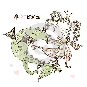 Cute fairy Princess with her pet dragon. Vector
