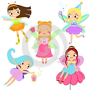 Cute fairy set. Beautiful girl in fying fairy costumes. Winged elf princesses in cartoon style