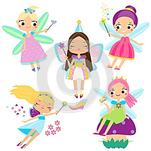 Cute fairy set. Beautiful girl in fying fairy costumes. Winged elf princesses in cartoon style