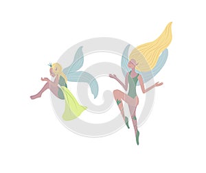 Cute Fairy set. Funny winged elf princesses in cartoon style. Vector illustration