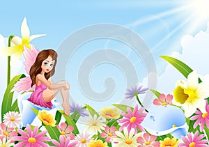 Cute fairy sitting on flower field