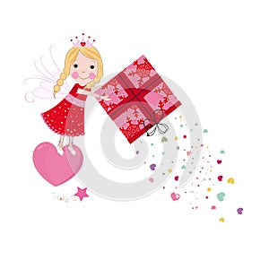 Cute fairy tale holding a gift box with hearts. Happy Valentine`s Day greeting