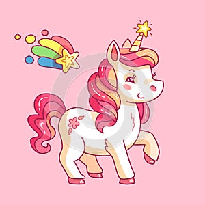 Cute fairy unicorn. Cartoon rainbow pony. Funny horse girlish pink vector background