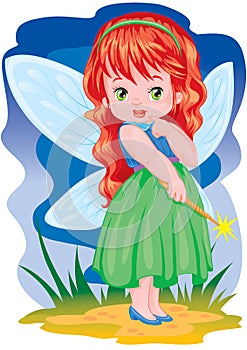 Cute fairy with wings, in a green dress with red hair, with a wand, vector illustration